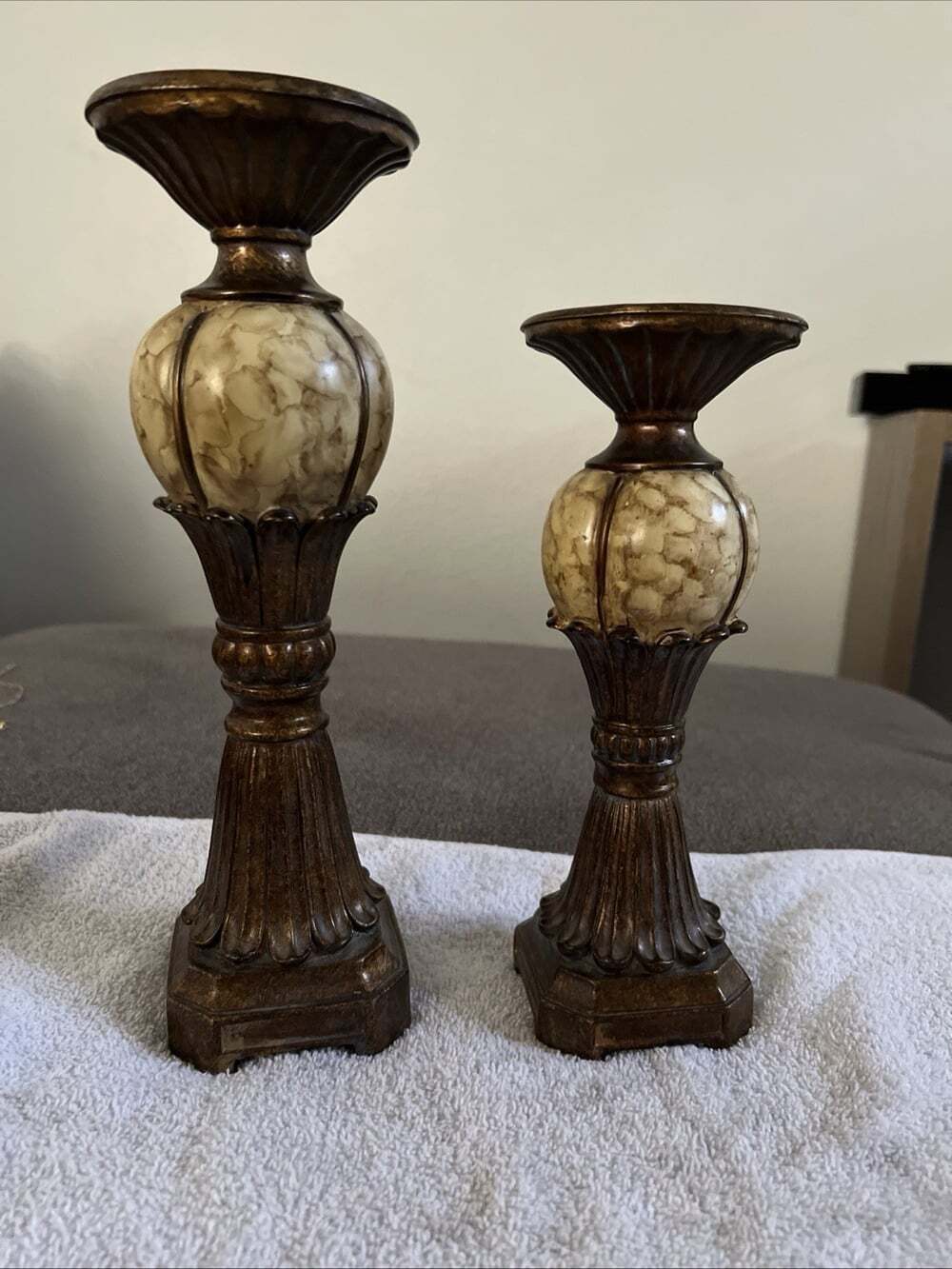 Candlestick Holders Pillars Marble Bronze Look Vintage